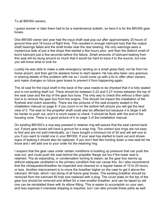 First page preview: BW350 Oil Seal Announcement & Update